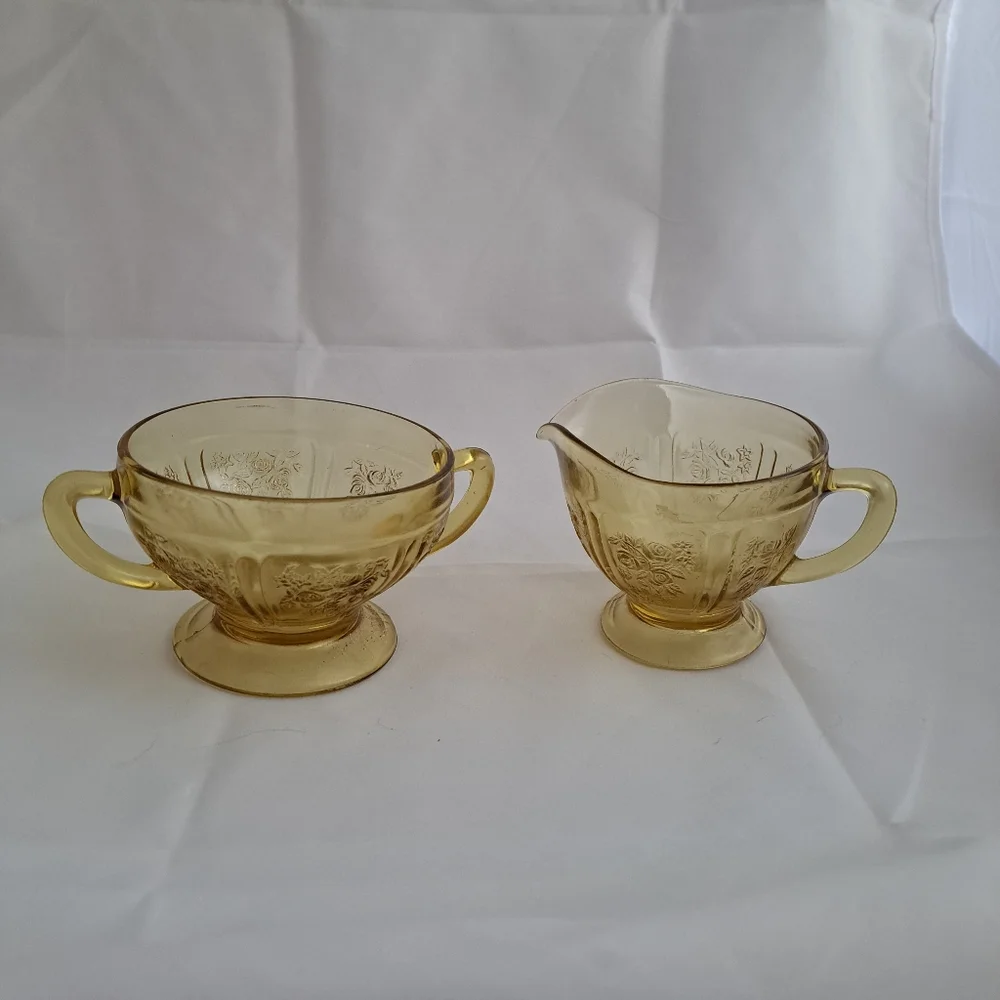 Vintage Federal Glass Sharon Cabbage Rose Creamer and Sugar Set